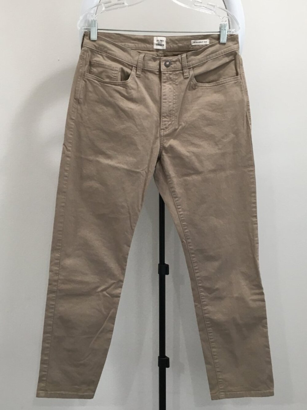 FLINT & TINDER Beige Straight Fit 5 Pocket Logo Hardware Jeans